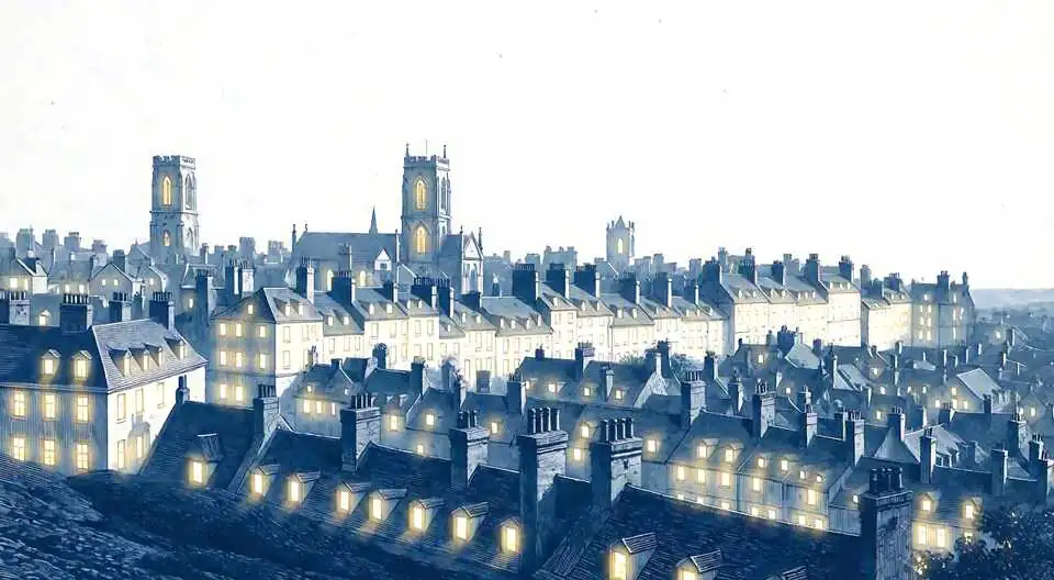 An engraved city at night with its windows lit.