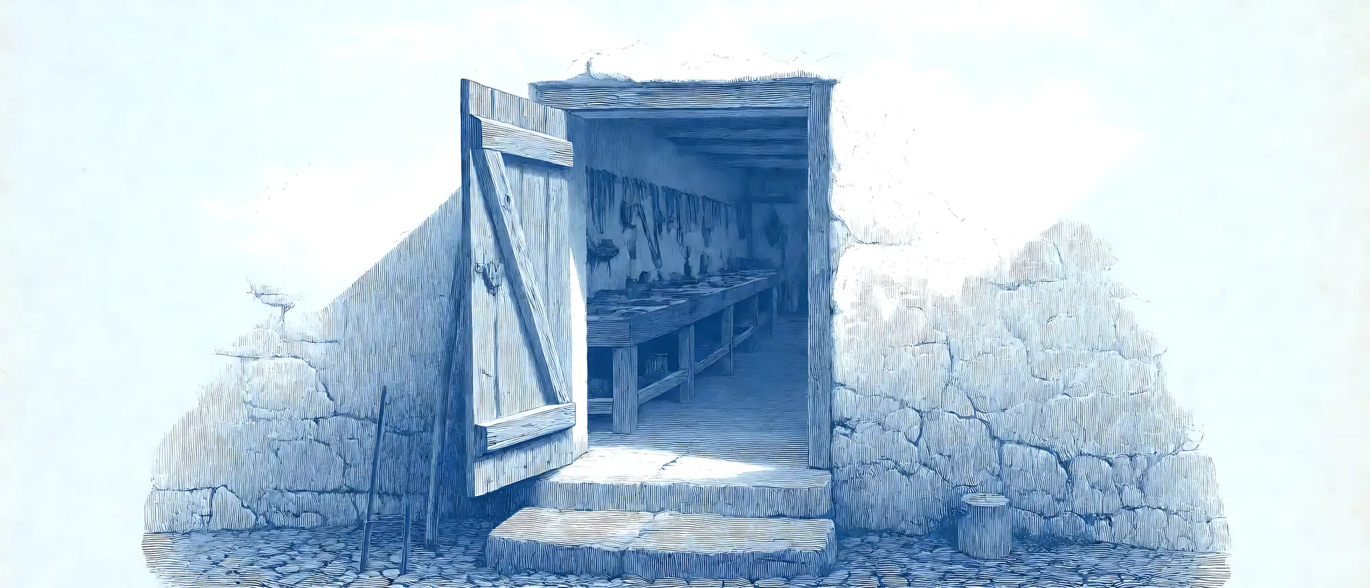 An open workshop door with long benches and tools on the wall, engraved in blue ink, with no people in view.