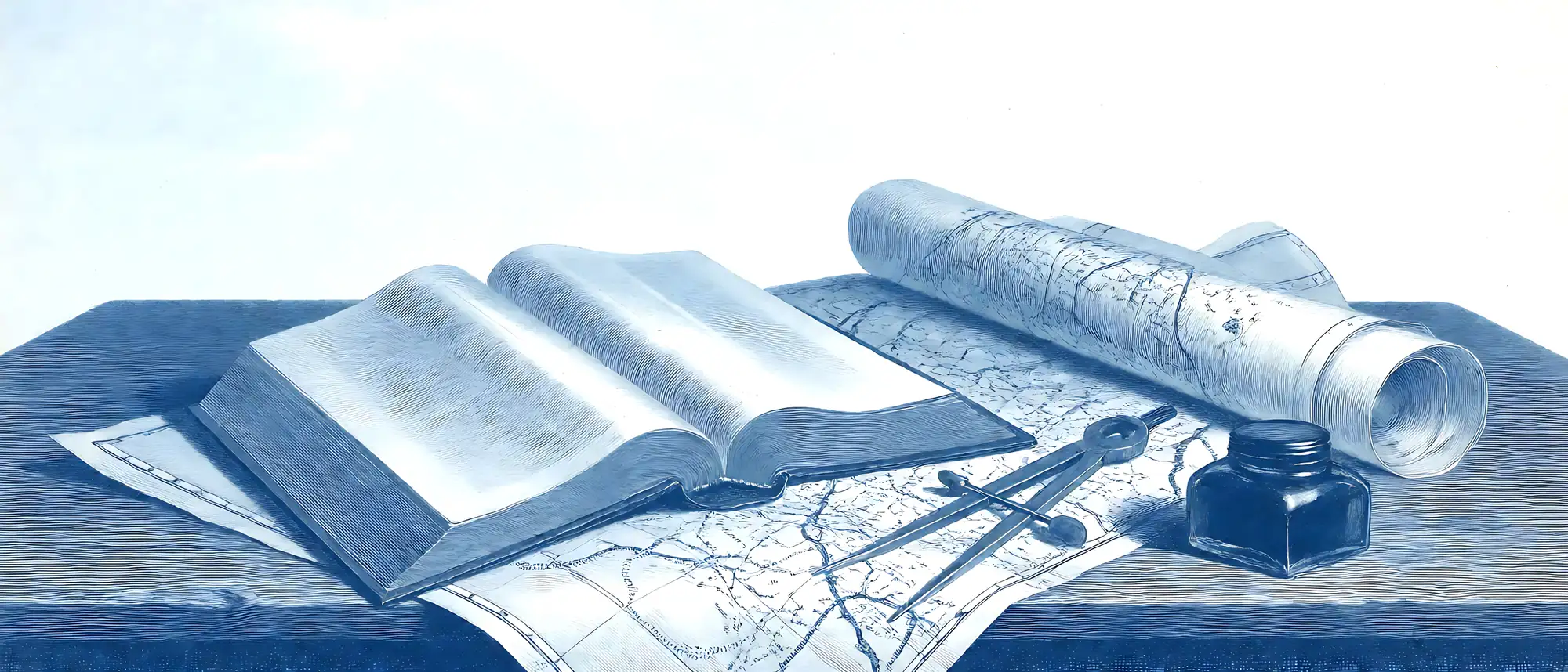 An open book on a table beside a rolled map, a pair of dividers and an inkwell, engraved in blue ink.