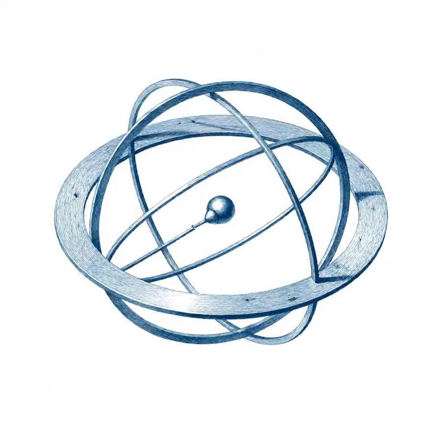 Engraving of a brass orrery of concentric rings, with a small sphere on one ring, on a plain background